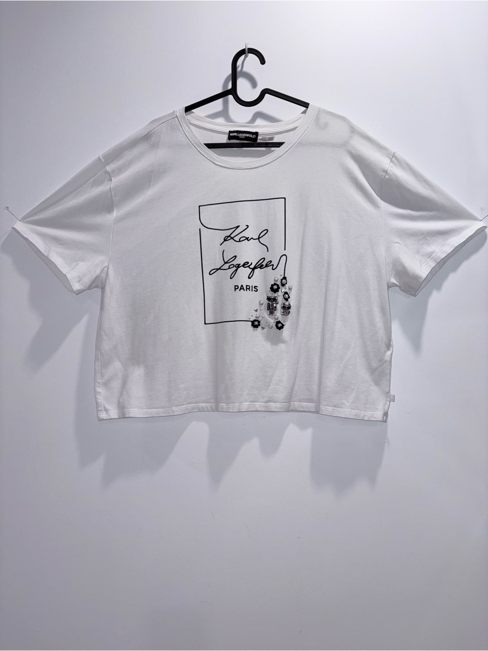 Karl Lagerfeld White Graphic Crop Tee with Embellished Detail